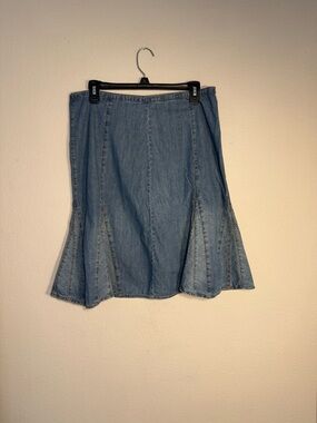 The Territory Ahead Paneled Denim Godet Skirt Midi Flare Blue 14 western boho